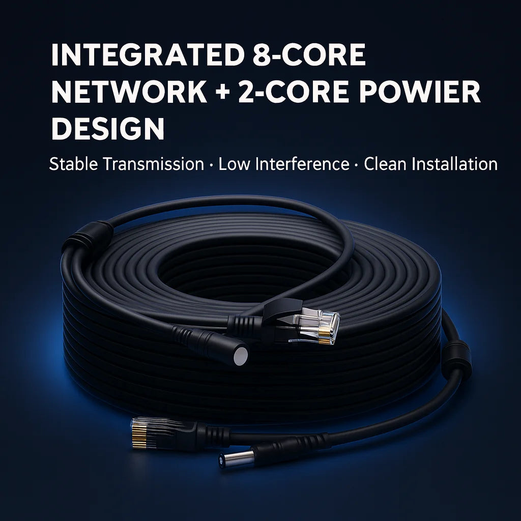 Winter-Ready 8+2 CCTV Extension Cable | DC5.5×2.1 + RJ45 One-Cable Power & Network | High-Flex PVC for IP Cameras 5–20m