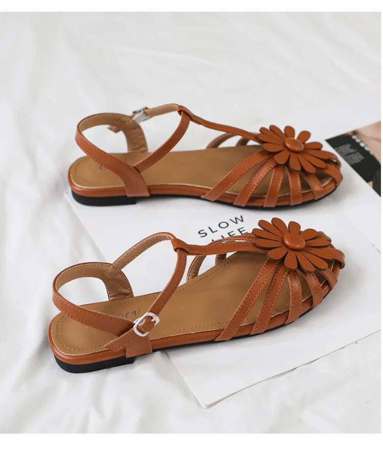 Summer Flat Sandals for Women Braided Hollow Closed-toe Sandals Outdoor Wear Breathable Holiday Roman Shoes sandalias de mujer