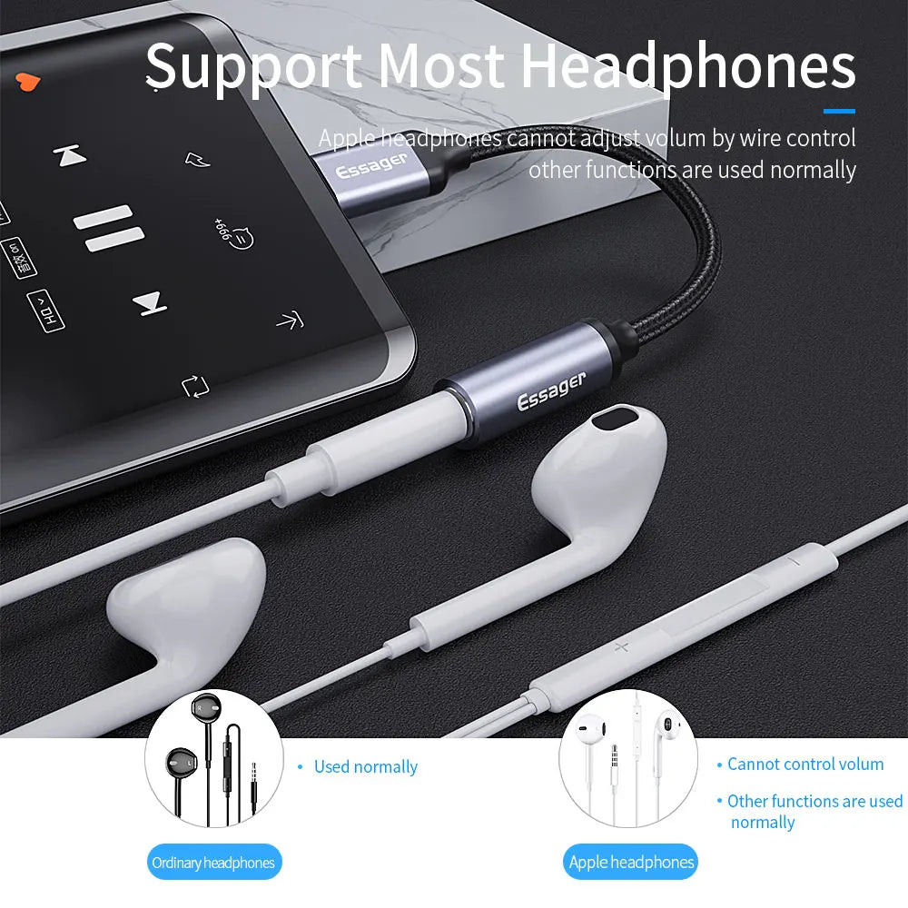 Essager USB Type C 3.5 Jack Earphone Adapter USB C to 3.5mm Headphones AUX Audio Adapter Cable For Huawei P30 Xiaomi Mi 10 9 Es