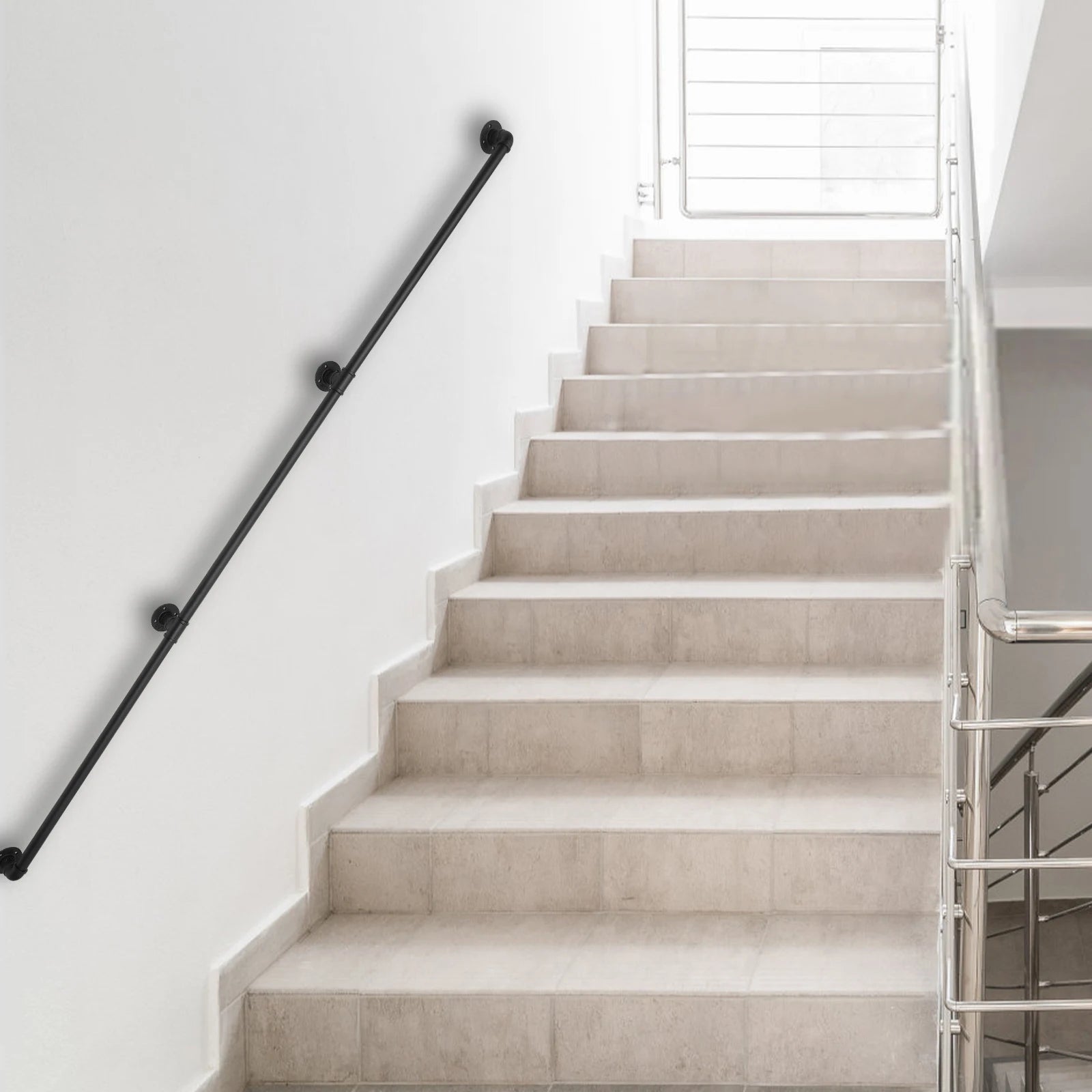 Wall-mounted Staircase Grab Pipe Handrail Metal Sturdy Load-Bearing Capacity Stair Handrails for Stairs (12/8 Feet 3 Sections)