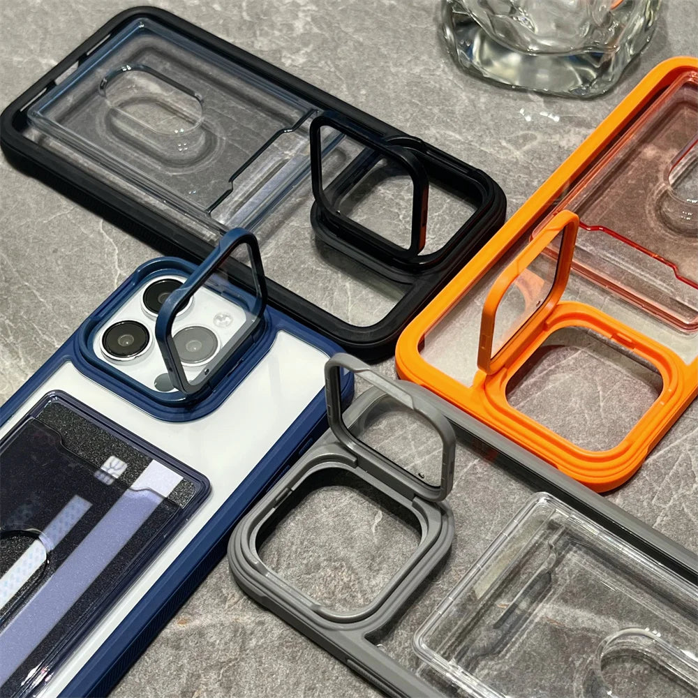 Transparent Card Slot Bag Holder Case For iPhone 17 16 15 14 13 12 11 Pro Max Shockproof Camera Lens Stand Protector Clear Cover