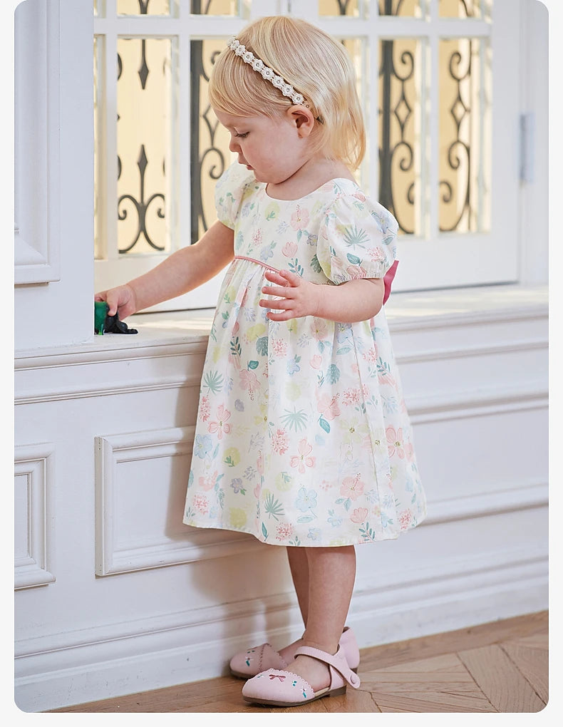 Dave Bella Girl's Princess Dress 2024 New Summer Children's Baby Short Sleeves Cotton Floral Cute Sweet Fashion Casual DB2240954