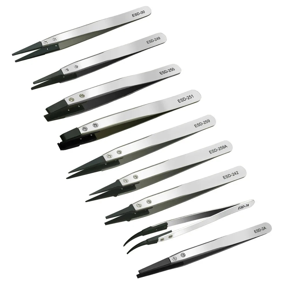 Industrial Tweezers Electronics Anti-static Curved Straight Tip Precision Stainless DIY Hand Tools Sets Forceps Phone Repair