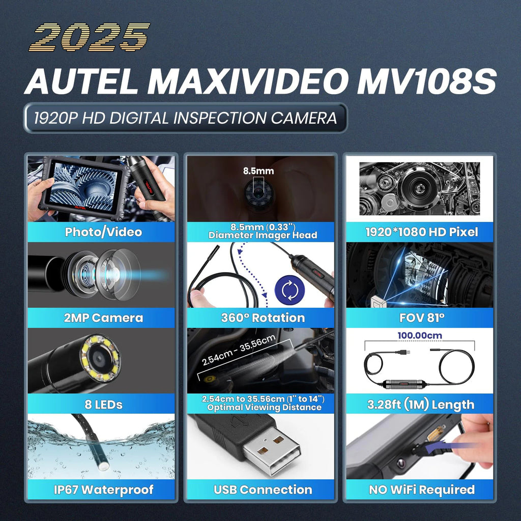 Autel MaxiVideo MV108S HD Digital Inspection Camera For MaxiSys Pro And PC Support Video Inspection E Image Head Powerful 8.5mm