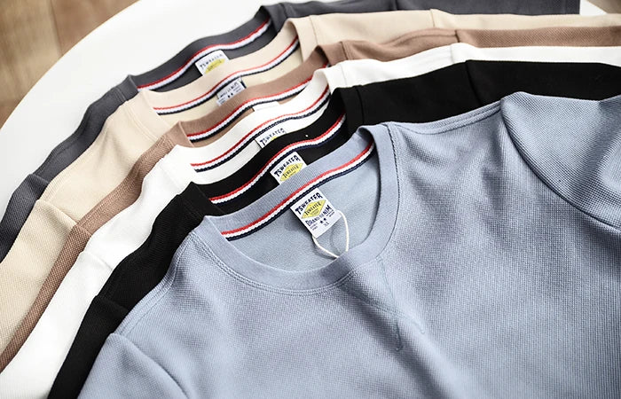 Summer New American Retro Waffle Microchapter T-shirt Men's Fashion Simple Washed Short Sleeve O-neck Casual Loose Youth Tops