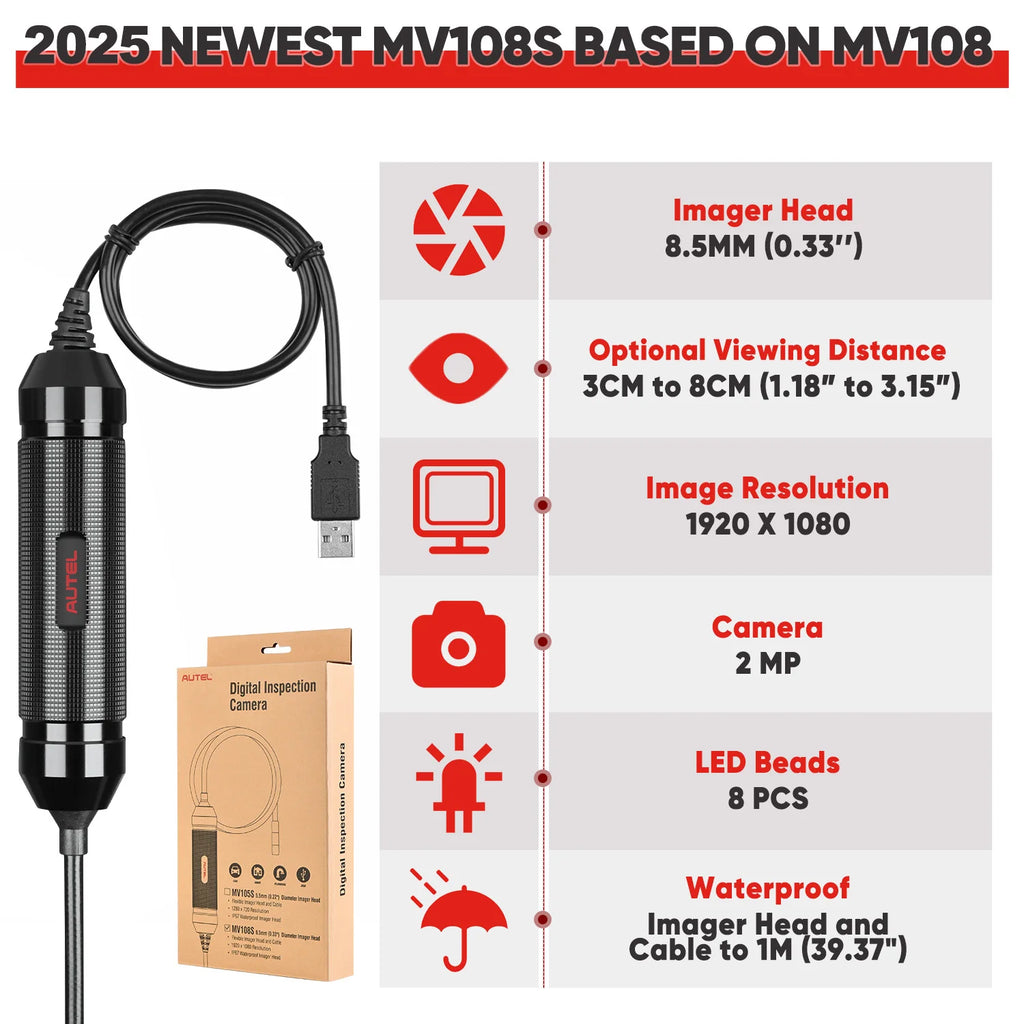 Autel MaxiVideo MV108S HD Digital Inspection Camera For MaxiSys Pro And PC Support Video Inspection E Image Head Powerful 8.5mm