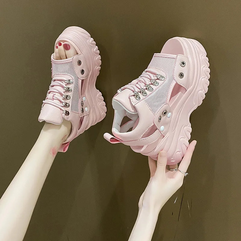 Pink 8CM High Heels Women Summer Platform Sandals Breathable Wedges Ladies Beach Mesh Slippers Chunky Rome Shoes Sandalias Mujer