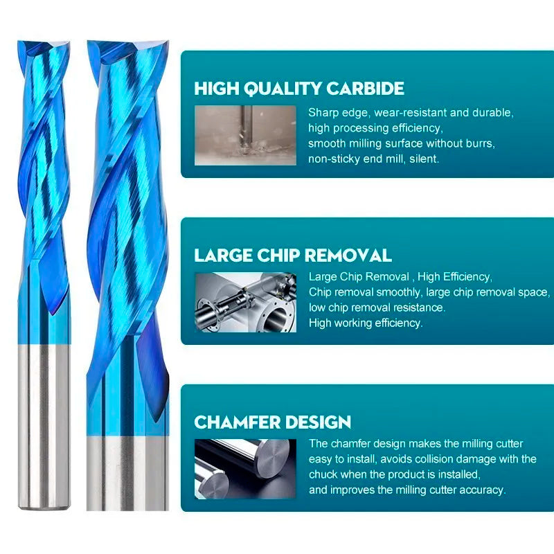 Router Bits 2 Flute End Mill 3.175/4/6/8/10/12mm Shank Flat Milling Cutter Nano Blue Coated Carbide Milling Tools
