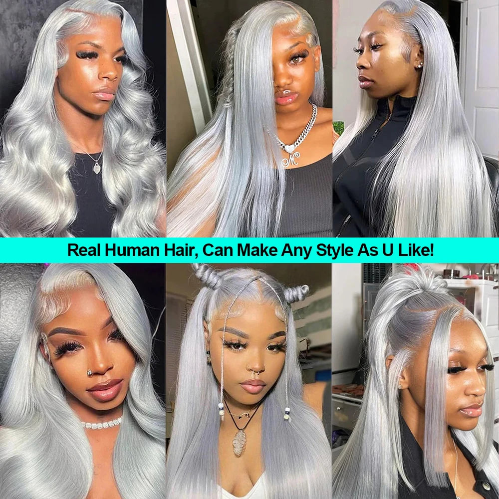 38 Inche Silver Grey Straight Lace Front Wig 100% Human Hair 613 Colored HD Transparent 13x6 Lace Frontal Wigs Cosplay Pre Pluck