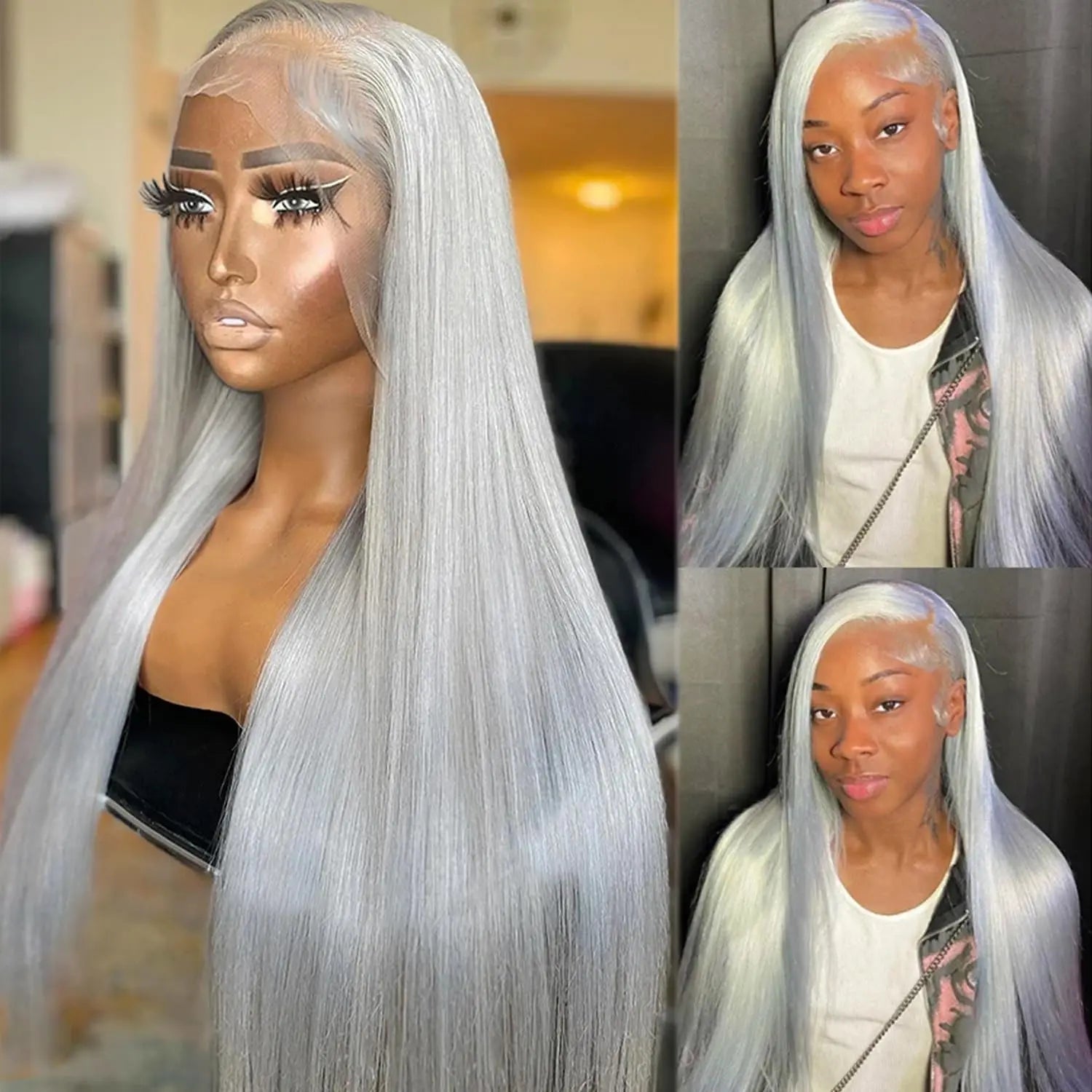 38 Inche Silver Grey Straight Lace Front Wig 100% Human Hair 613 Colored HD Transparent 13x6 Lace Frontal Wigs Cosplay Pre Pluck