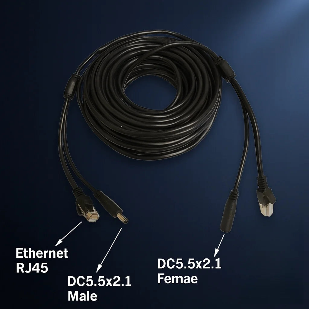 Winter-Ready 8+2 CCTV Extension Cable | DC5.5×2.1 + RJ45 One-Cable Power & Network | High-Flex PVC for IP Cameras 5–20m