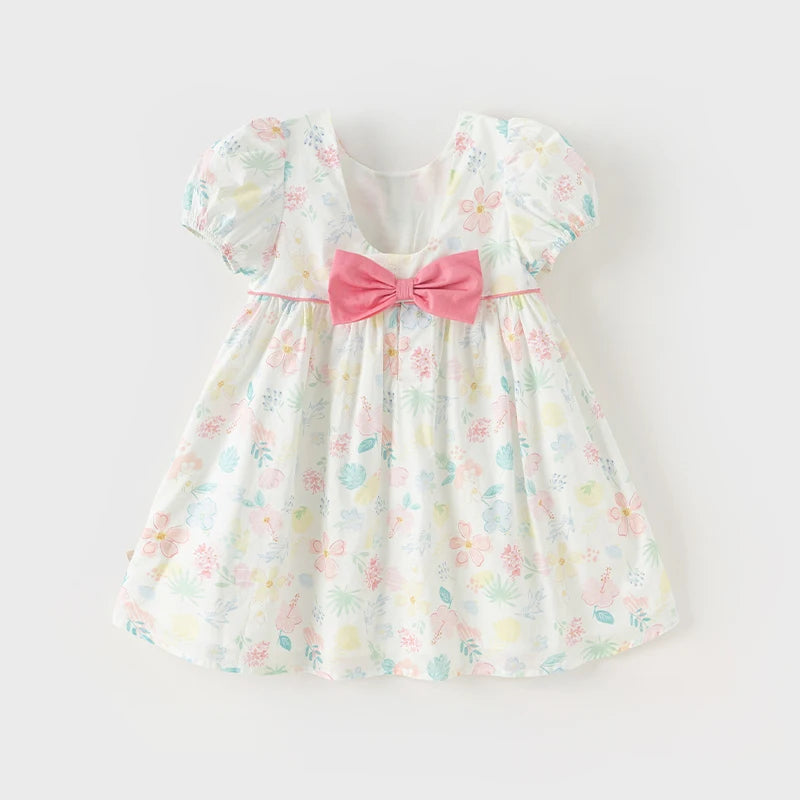 Dave Bella Girl's Princess Dress 2024 New Summer Children's Baby Short Sleeves Cotton Floral Cute Sweet Fashion Casual DB2240954
