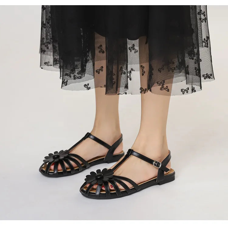 Summer Flat Sandals for Women Braided Hollow Closed-toe Sandals Outdoor Wear Breathable Holiday Roman Shoes sandalias de mujer