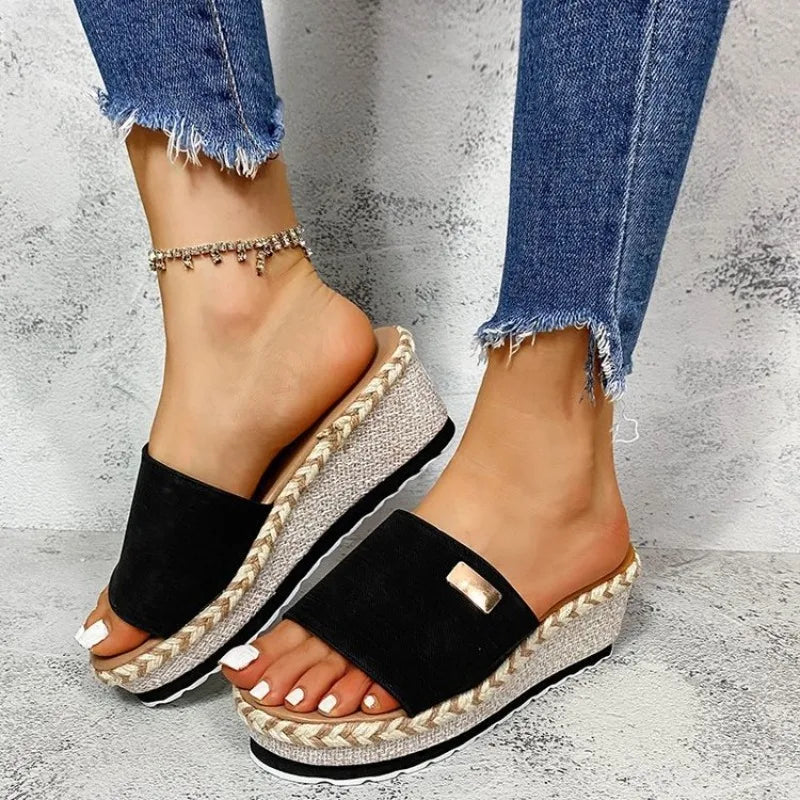 Summer - Ready Black Wedge Sandals | Raffia - Woven, Metal - Accented & Comfy Design