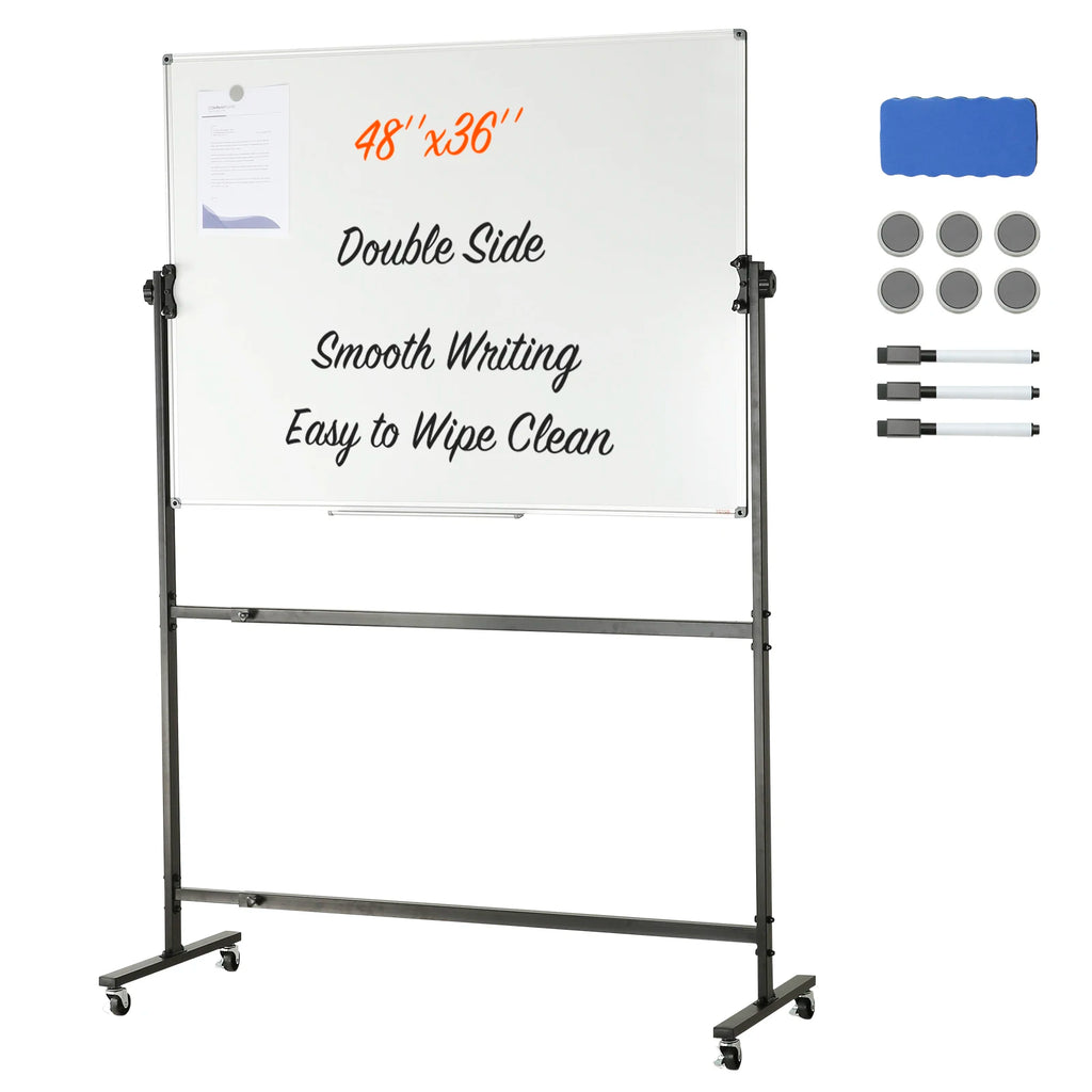 SucceBuy Rolling Magnetic Whiteboard Double-Sided Mobile Whiteboard 360° Reversible Adjustable Height Dry Erase Board for School
