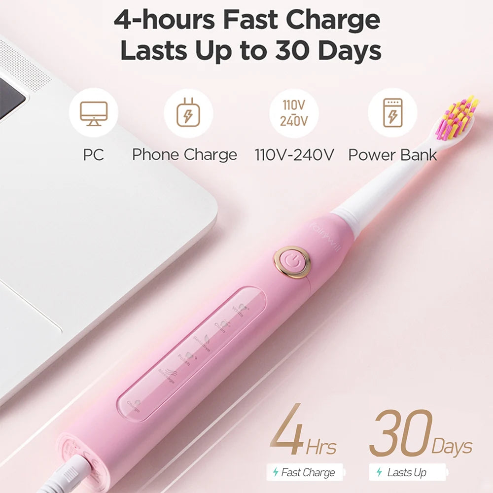 Fairywill FW507 Electric Sonic Toothbrush USB Charger Tooth 8Brush Replacement Waterproof Electronic Toothbrush with Travel Case