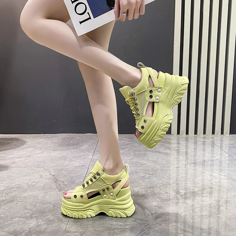 Pink 8CM High Heels Women Summer Platform Sandals Breathable Wedges Ladies Beach Mesh Slippers Chunky Rome Shoes Sandalias Mujer