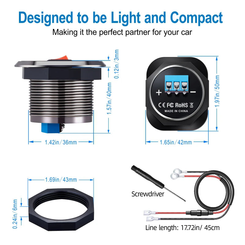 12V USB Outlet 36W Dual PD USB-C Port Quick Charge 3.0 Car USB Charger Socket Power Outlet w/ Voltmeter Switch
