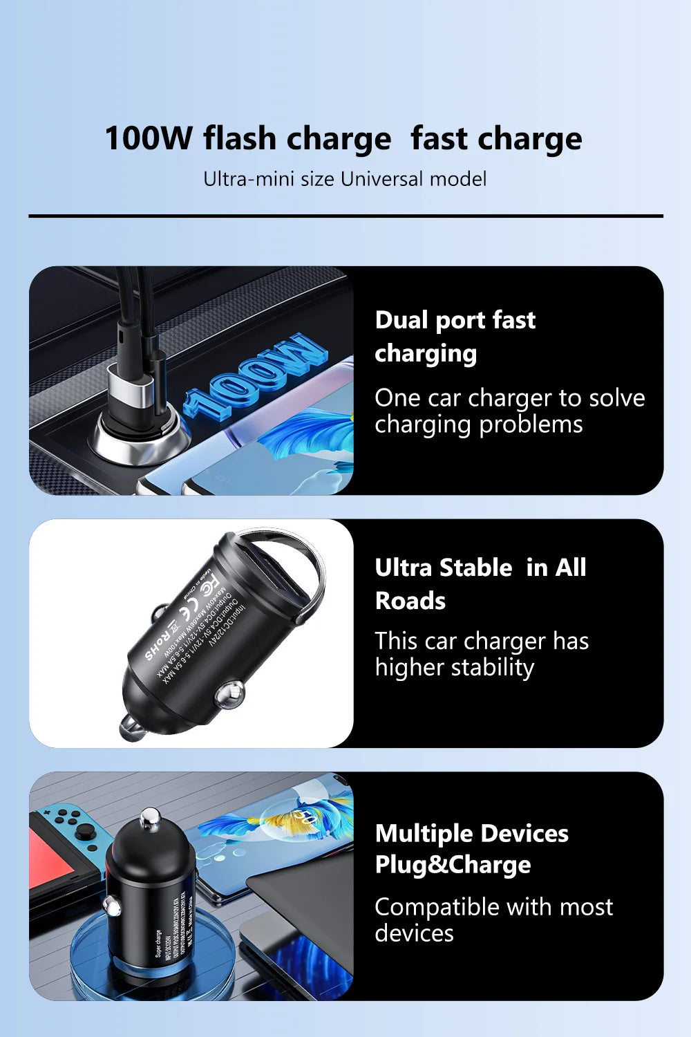 Olaf 100W Mini Car Charger Lighter Fast Charging for iPhone QC3.0 Mini PD USB Type C Car Phone Charger for Xiaomi Samsung Huawei