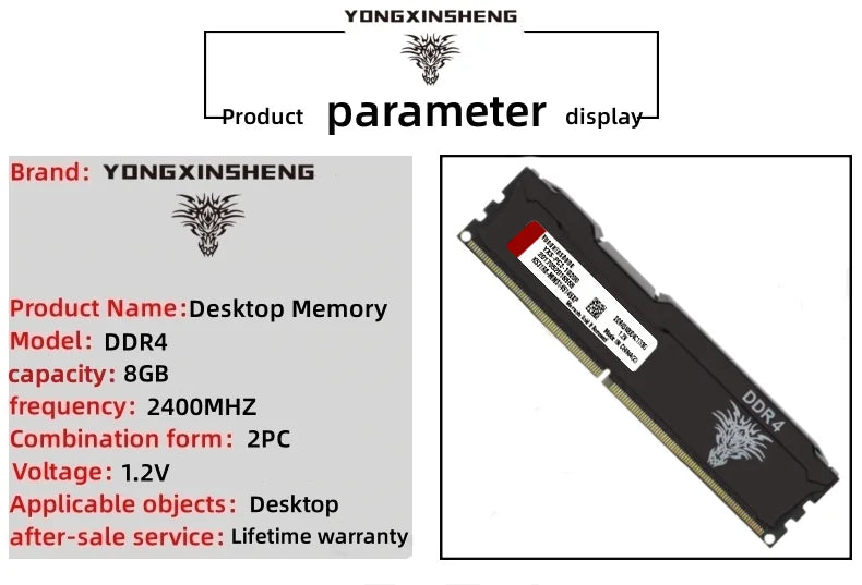 Yongxinsheng 16GB 2X8GB DDR4 RAM 2400MHz 288PIN 1RX8 Desktop Memory RAM PC4-19200MHz Cooling Vest Stick
