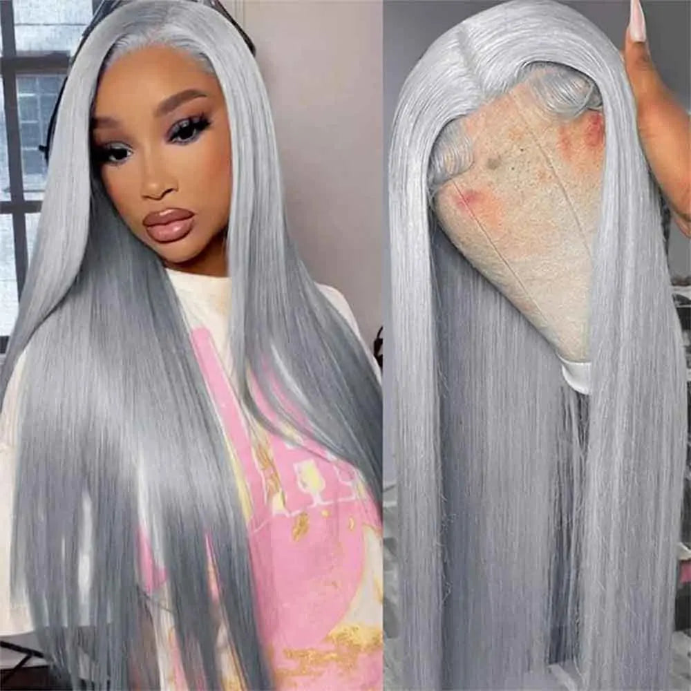 38 Inche Silver Grey Straight Lace Front Wig 100% Human Hair 613 Colored HD Transparent 13x6 Lace Frontal Wigs Cosplay Pre Pluck