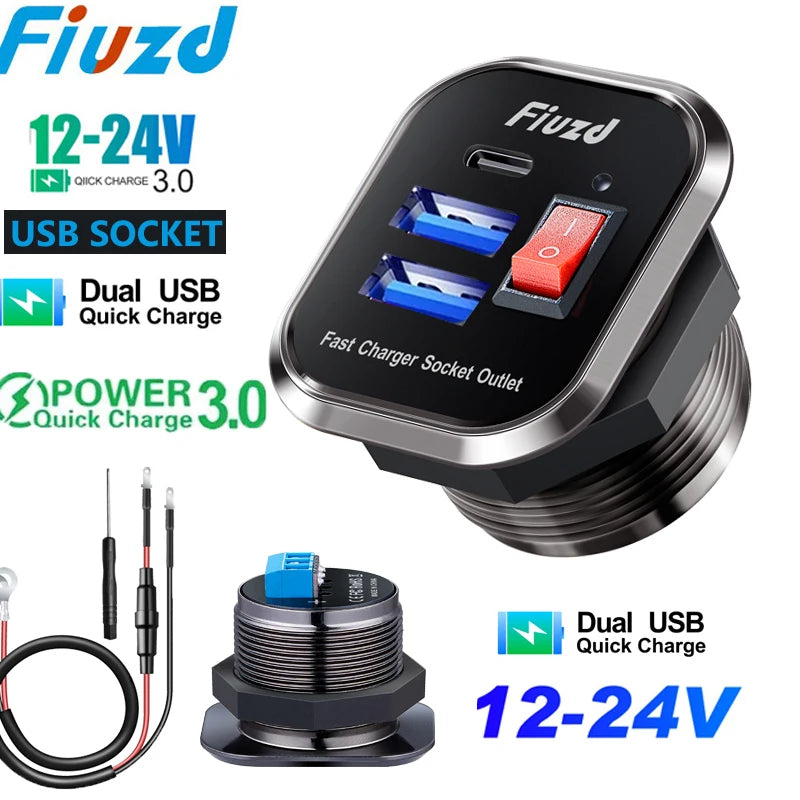 12V USB Outlet 36W Dual PD USB-C Port Quick Charge 3.0 Car USB Charger Socket Power Outlet w/ Voltmeter Switch