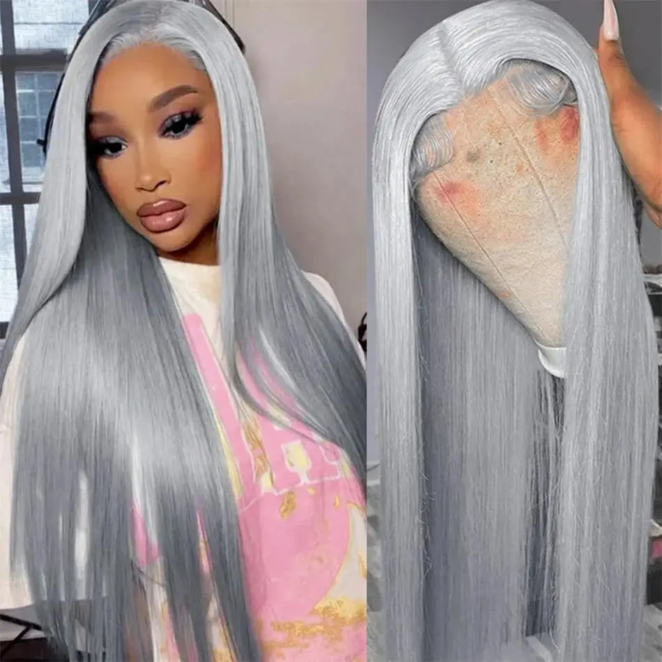 38 Inche Silver Grey Straight Lace Front Wig 100% Human Hair 613 Colored HD Transparent 13x6 Lace Frontal Wigs Cosplay Pre Pluck