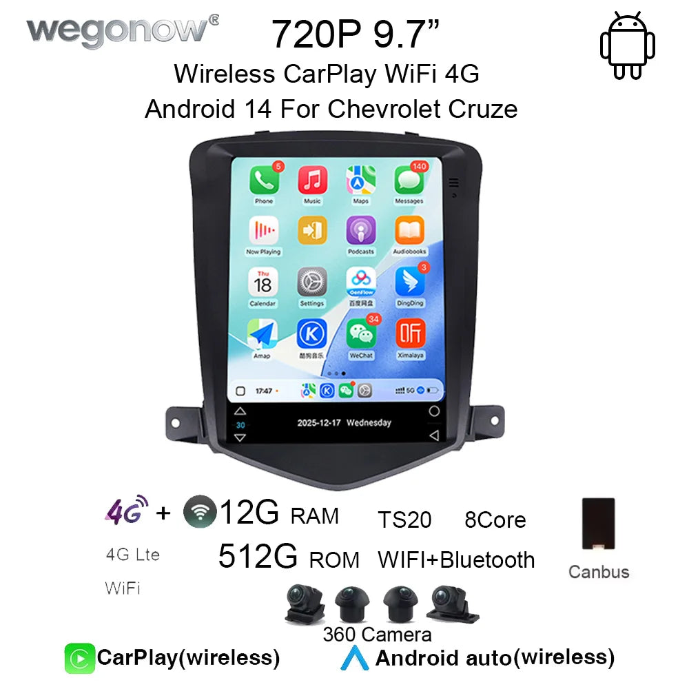 Wegonow Android 14.0 For Chevrolet Cruze 720P 9.7" 12 512G Universal in-car wireless CarPlay Auto Android 4G Wi-Fi Bluetooth