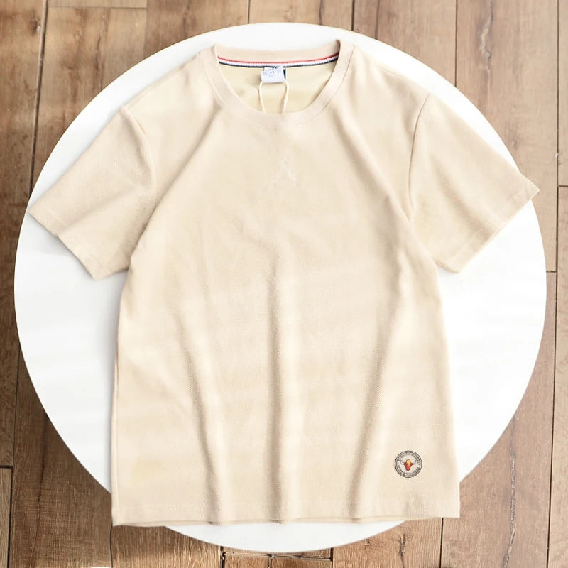 Summer New American Retro Waffle Microchapter T-shirt Men's Fashion Simple Washed Short Sleeve O-neck Casual Loose Youth Tops