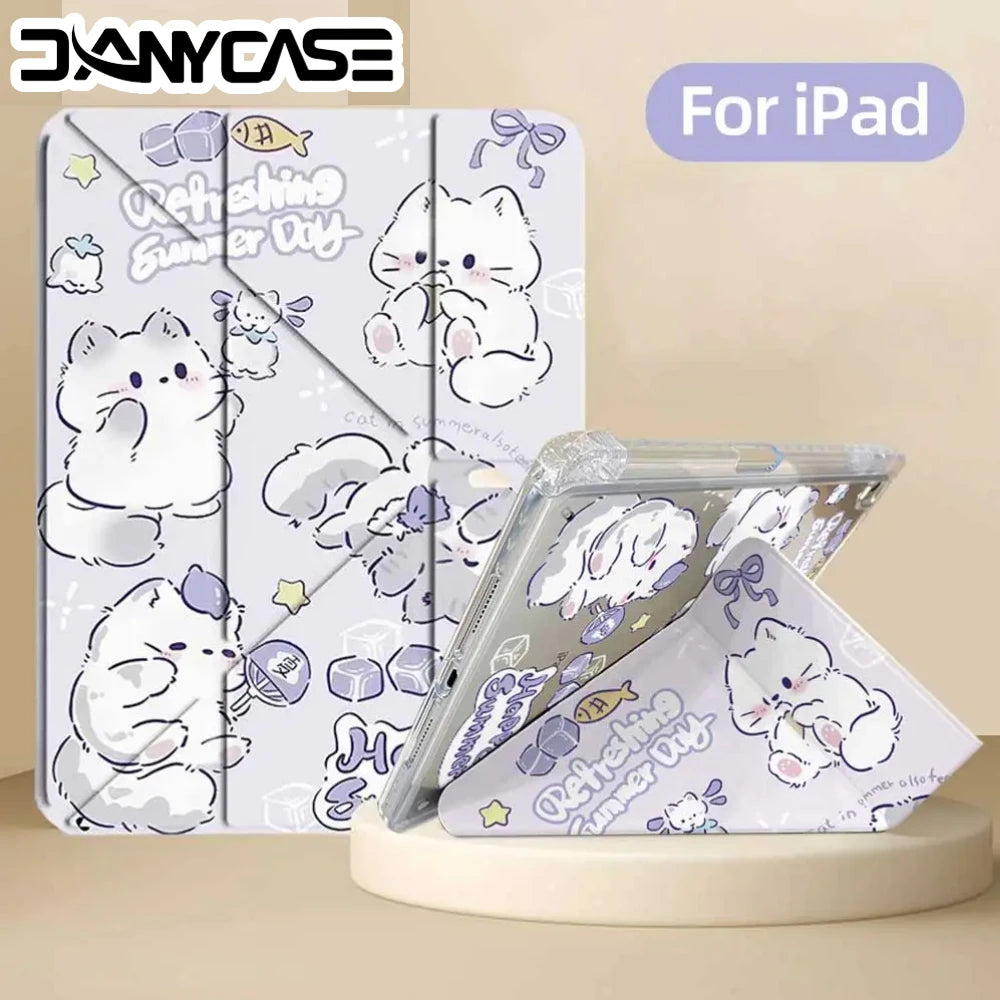 3+Y Type Cute Cat Case with Pencil Holder For 2025 IPad 11th A16 Pro Air 13 11 M3 M2 M4 2025 12.9 " 9 8 7 6 5 4 10Th Mini 7 6