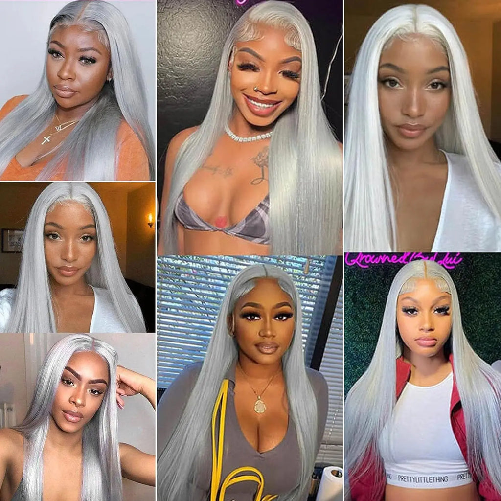38 Inche Silver Grey Straight Lace Front Wig 100% Human Hair 613 Colored HD Transparent 13x6 Lace Frontal Wigs Cosplay Pre Pluck