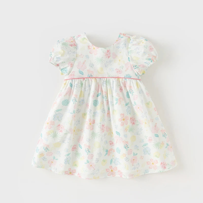 Dave Bella Girl's Princess Dress 2024 New Summer Children's Baby Short Sleeves Cotton Floral Cute Sweet Fashion Casual DB2240954
