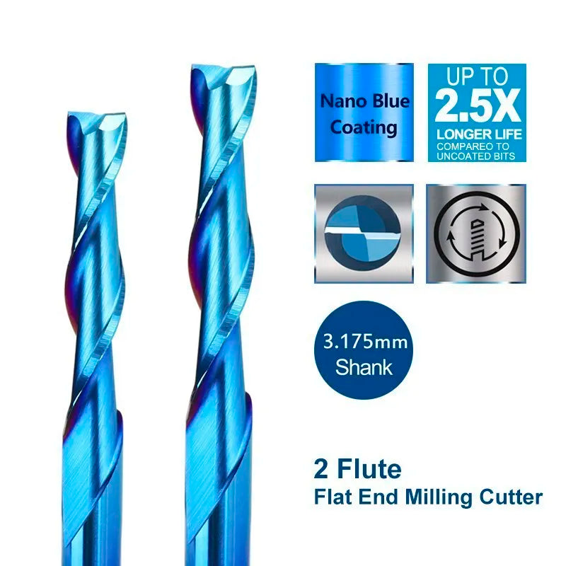 Router Bits 2 Flute End Mill 3.175/4/6/8/10/12mm Shank Flat Milling Cutter Nano Blue Coated Carbide Milling Tools