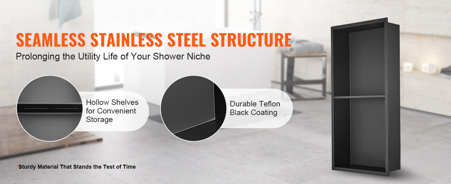 SucceBuy No Tile Shower Niche 304Stainless Steel Wall Inserted Niche Recessed Double Shelves for Shower or Soap Storage Bathroom